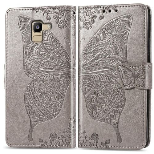 Samsung Galaxy J6 2018 Coque, Saturcase Papillon Gaufrage Pu Cuir Magnétique Flip Portefeuille Support Porte-Carte Protecteur Coque Housse Étui Avec Dragonne Pour Samsung Galaxy J6 2018 (Gris)