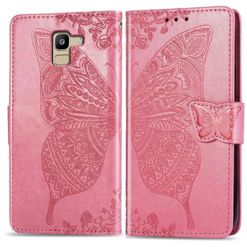 Samsung Galaxy J6 2018 Coque, Saturcase Papillon Gaufrage Pu Cuir Magnétique Flip Portefeuille Support Porte-Carte Protecteur Coque Housse Étui Avec Dragonne Pour Samsung Galaxy J6 2018 (Rose)