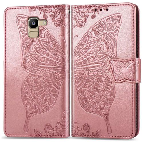 Samsung Galaxy J6 2018 Coque, Saturcase Papillon Gaufrage Pu Cuir Magnétique Flip Portefeuille Support Porte-Carte Protecteur Coque Housse Étui Avec Dragonne Pour Samsung Galaxy J6 2018 (Or Rose)