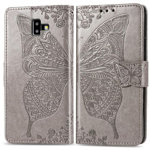 Samsung Galaxy J6 Plus 2018 Coque, Saturcase Papillon Pu Cuir Magnétique Flip Portefeuille Support Porte-Carte Protecteur Coque Housse Étui Avec Dragonne Pour Samsung Galaxy J6 Plus 2018 (Gris)