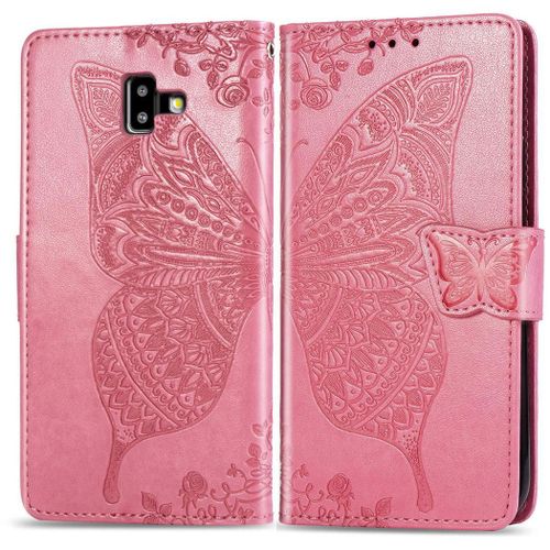 Samsung Galaxy J6 Plus 2018 Coque, Saturcase Papillon Pu Cuir Magnétique Flip Portefeuille Support Porte-Carte Protecteur Coque Housse Étui Avec Dragonne Pour Samsung Galaxy J6 Plus 2018 (Rose)