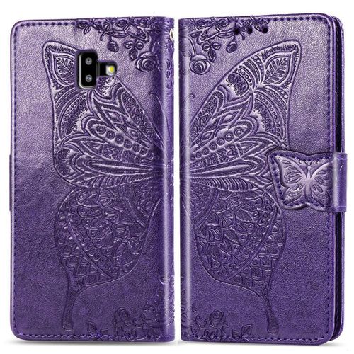 Samsung Galaxy J6 Plus 2018 Coque, Saturcase Papillon Pu Cuir Magnétique Flip Portefeuille Support Porte-Carte Protecteur Coque Housse Étui Avec Dragonne Pour Samsung Galaxy J6 Plus 2018 (Violet)