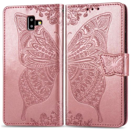 Samsung Galaxy J6 Plus 2018 Coque, Saturcase Papillon Pu Cuir Magnétique Flip Portefeuille Support Porte-Carte Protecteur Coque Housse Étui Avec Dragonne Pour Samsung Galaxy J6 Plus 2018 (Or Rose)
