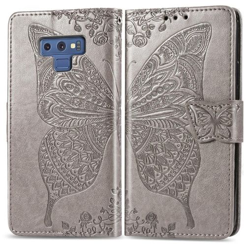 Samsung Galaxy Note 9 Coque, Saturcase Papillon Gaufrage Pu Cuir Magnétique Flip Portefeuille Support Porte-Carte Protecteur Coque Housse Étui Avec Dragonne Pour Samsung Galaxy Note 9 (Gris)
