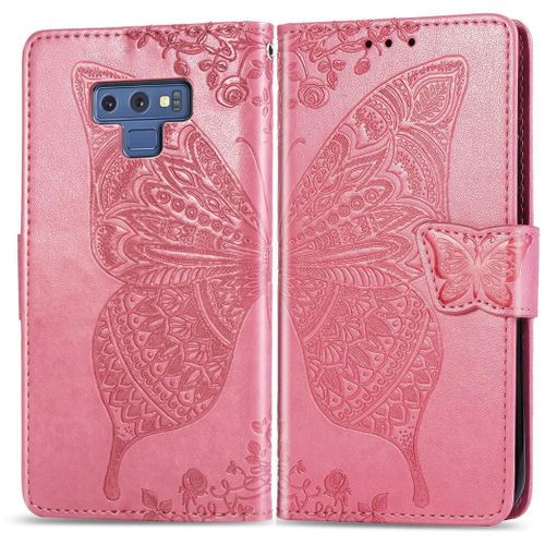 Samsung Galaxy Note 9 Coque, Saturcase Papillon Gaufrage Pu Cuir Magnétique Flip Portefeuille Support Porte-Carte Protecteur Coque Housse Étui Avec Dragonne Pour Samsung Galaxy Note 9 (Rose)