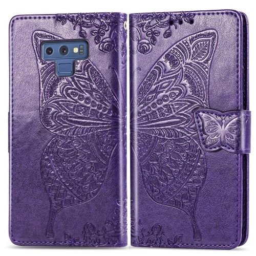 Samsung Galaxy Note 9 Coque, Saturcase Papillon Gaufrage Pu Cuir Magnétique Flip Portefeuille Support Porte-Carte Protecteur Coque Housse Étui Avec Dragonne Pour Samsung Galaxy Note 9 (Violet)