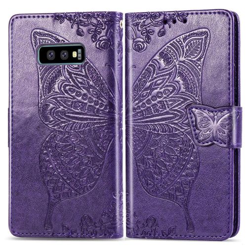 Samsung Galaxy S10e Coque, Saturcase Papillon Gaufrage Pu Cuir Magnétique Flip Portefeuille Support Porte-Carte Protecteur Coque Housse Étui Avec Dragonne Pour Samsung Galaxy S10e (Violet)