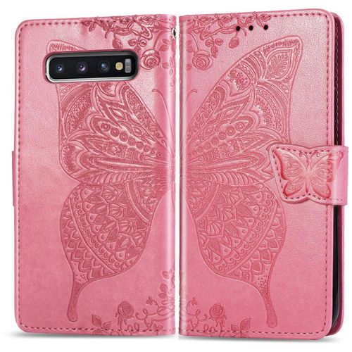 Samsung Galaxy S10 Plus Coque, Saturcase Papillon Gaufrage Pu Cuir Magnétique Flip Portefeuille Support Porte-Carte Protecteur Coque Housse Étui Avec Dragonne Pour Samsung Galaxy S10 Plus (Rose)