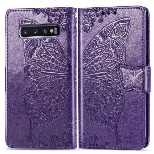 Samsung Galaxy S10 Plus Coque, Saturcase Papillon Gaufrage Pu Cuir Magnétique Flip Portefeuille Support Porte-Carte Protecteur Coque Housse Étui Avec Dragonne Pour Samsung Galaxy S10 Plus (Violet)
