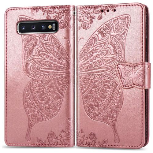 Samsung Galaxy S10 Plus Coque, Saturcase Papillon Gaufrage Pu Cuir Magnétique Flip Portefeuille Support Porte-Carte Protecteur Coque Housse Étui Avec Dragonne Pour Samsung Galaxy S10 Plus (Or Rose)