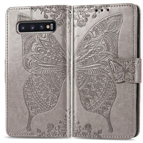 Samsung Galaxy S10 Coque, Saturcase Papillon Gaufrage Pu Cuir Magnétique Flip Portefeuille Support Porte-Carte Protecteur Coque Housse Étui Avec Dragonne Pour Samsung Galaxy S10 (Gris)