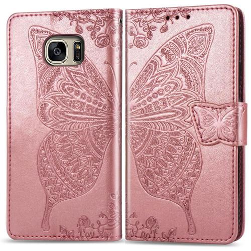 Samsung Galaxy S7 Edge Coque, Saturcase Papillon Gaufrage Pu Cuir Magnétique Flip Portefeuille Support Porte-Carte Protecteur Coque Housse Étui Avec Dragonne Pour Samsung Galaxy S7 Edge (Or Rose)