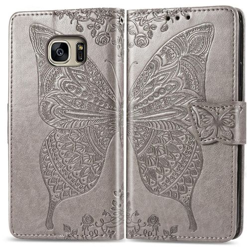 Samsung Galaxy S7 Coque, Saturcase Papillon Gaufrage Pu Cuir Magnétique Flip Portefeuille Support Porte-Carte Protecteur Coque Housse Étui Avec Dragonne Pour Samsung Galaxy S7 (Gris)