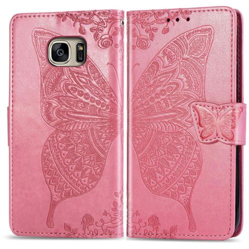 Samsung Galaxy S7 Coque, Saturcase Papillon Gaufrage Pu Cuir Magnétique Flip Portefeuille Support Porte-Carte Protecteur Coque Housse Étui Avec Dragonne Pour Samsung Galaxy S7 (Rose)