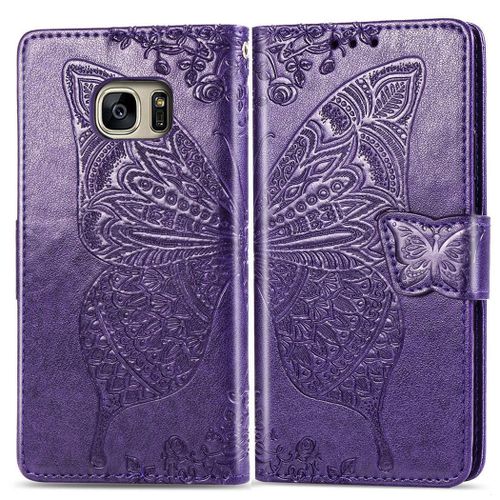 Samsung Galaxy S7 Coque, Saturcase Papillon Gaufrage Pu Cuir Magnétique Flip Portefeuille Support Porte-Carte Protecteur Coque Housse Étui Avec Dragonne Pour Samsung Galaxy S7 (Violet)