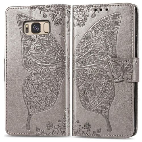 Samsung Galaxy S8 Plus Coque, Saturcase Papillon Gaufrage Pu Cuir Magnétique Flip Portefeuille Support Porte-Carte Protecteur Coque Housse Étui Avec Dragonne Pour Samsung Galaxy S8 Plus (Gris)