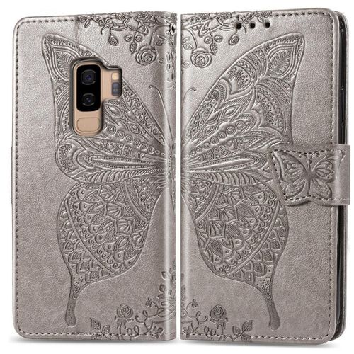 Samsung Galaxy S9 Plus Coque, Saturcase Papillon Gaufrage Pu Cuir Magnétique Flip Portefeuille Support Porte-Carte Protecteur Coque Housse Étui Avec Dragonne Pour Samsung Galaxy S9 Plus (Gris)