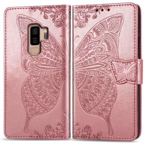 Samsung Galaxy S9 Plus Coque, Saturcase Papillon Gaufrage Pu Cuir Magnétique Flip Portefeuille Support Porte-Carte Protecteur Coque Housse Étui Avec Dragonne Pour Samsung Galaxy S9 Plus (Or Rose)
