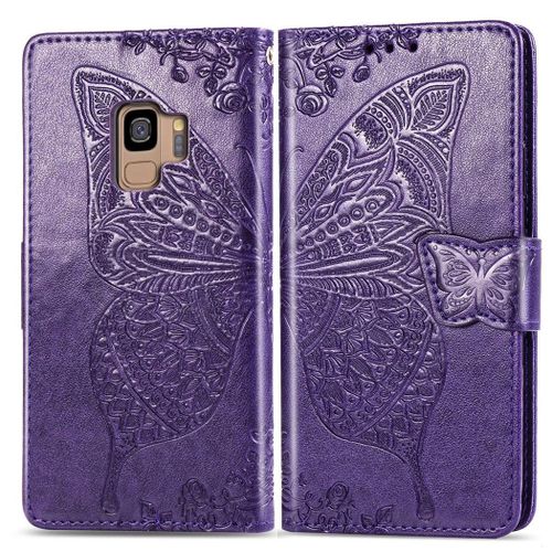 Samsung Galaxy S9 Coque, Saturcase Papillon Gaufrage Pu Cuir Magnétique Flip Portefeuille Support Porte-Carte Protecteur Coque Housse Étui Avec Dragonne Pour Samsung Galaxy S9 (Violet)