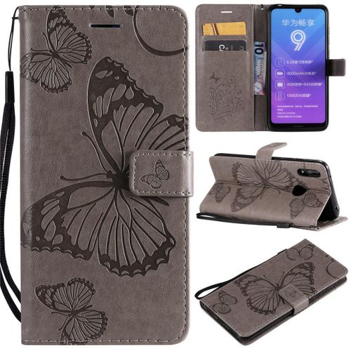Huawei Y7 2019 Coque, Saturcase Papillon Gaufrage Pu Cuir Magnétique Flip Portefeuille Support Porte-Carte Protecteur Coque Housse Étui Avec Dragonne Pour Huawei Y7 2019 / Y7 Prime 2019 (Gris)