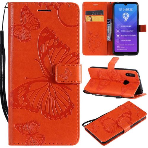 Huawei Y7 2019 Coque, Saturcase Papillon Gaufrage Pu Cuir Magnétique Flip Portefeuille Support Porte-Carte Protecteur Coque Housse Étui Avec Dragonne Pour Huawei Y7 2019 / Y7 Prime 2019 (Orange)