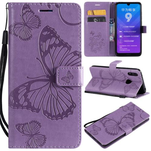Huawei Y7 2019 Coque, Saturcase Papillon Gaufrage Pu Cuir Magnétique Flip Portefeuille Support Porte-Carte Protecteur Coque Housse Étui Avec Dragonne Pour Huawei Y7 2019 / Y7 Prime 2019 (Violet)