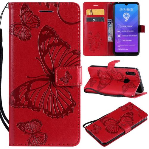 Huawei Y7 2019 Coque, Saturcase Papillon Gaufrage Pu Cuir Magnétique Flip Portefeuille Support Porte-Carte Protecteur Coque Housse Étui Avec Dragonne Pour Huawei Y7 2019 / Y7 Prime 2019 (Rouge)