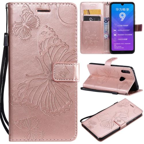 Huawei Y7 2019 Coque, Saturcase Papillon Gaufrage Pu Cuir Magnétique Flip Portefeuille Support Porte-Carte Protecteur Coque Housse Étui Avec Dragonne Pour Huawei Y7 2019 / Y7 Prime 2019 (Or Rose)
