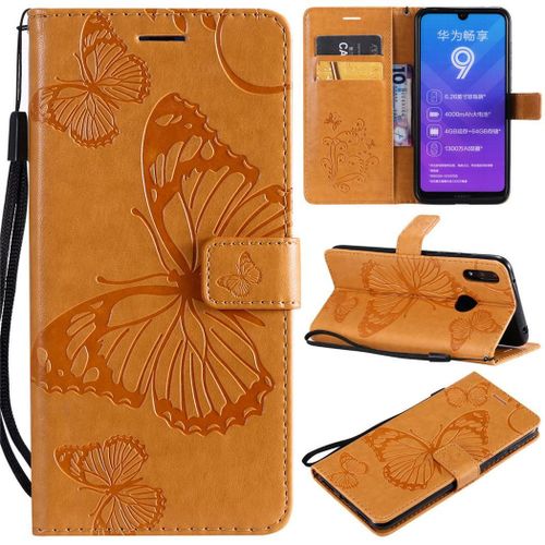 Huawei Y7 2019 Coque, Saturcase Papillon Gaufrage Pu Cuir Magnétique Flip Portefeuille Support Porte-Carte Protecteur Coque Housse Étui Avec Dragonne Pour Huawei Y7 2019 / Y7 Prime 2019 (Jaune)