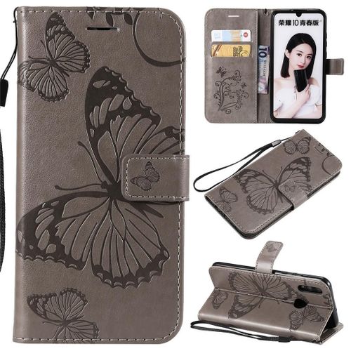 Saturcase Coque Pour Huawei P Smart (2019), Papillon Pu Cuir Magnétique Flip Portefeuille Support Porte-Carte Coque Housse Étui Avec Dragonne Pour Huawei P Smart (2019) / Honor 10 Lite (Gris)