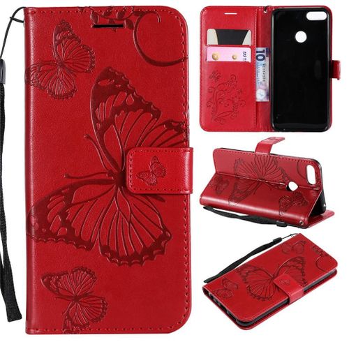 Saturcase Coque Pour Huawei P Smart (2019), Papillon Pu Cuir Magnétique Flip Portefeuille Support Porte-Carte Coque Housse Étui Avec Dragonne Pour Huawei P Smart (2019) / Honor 10 Lite (Rouge)