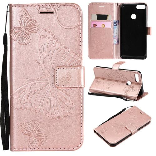 Saturcase Coque Pour Huawei P Smart (2019), Papillon Pu Cuir Magnétique Flip Portefeuille Support Porte-Carte Coque Housse Étui Avec Dragonne Pour Huawei P Smart (2019) / Honor 10 Lite (Or Rose)