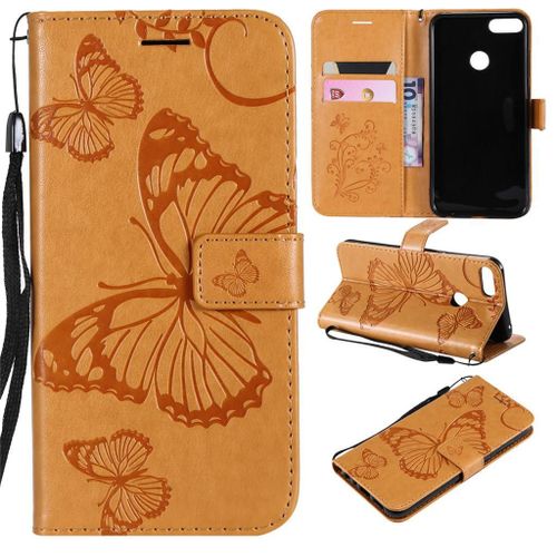 Saturcase Coque Pour Huawei P Smart (2019), Papillon Pu Cuir Magnétique Flip Portefeuille Support Porte-Carte Coque Housse Étui Avec Dragonne Pour Huawei P Smart (2019) / Honor 10 Lite (Jaune)