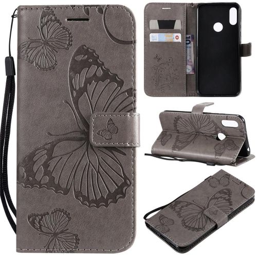 Huawei Y6 2019 Coque, Saturcase Papillon Gaufrage Pu Cuir Magnétique Flip Portefeuille Support Porte-Carte Protecteur Coque Housse Étui Avec Dragonne Pour Huawei Y6 2019 / Honor 8a (Gris)