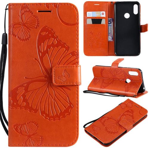 Huawei Y6 2019 Coque, Saturcase Papillon Gaufrage Pu Cuir Magnétique Flip Portefeuille Support Porte-Carte Protecteur Coque Housse Étui Avec Dragonne Pour Huawei Y6 2019 / Honor 8a (Orange)