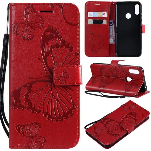Huawei Y6 2019 Coque, Saturcase Papillon Gaufrage Pu Cuir Magnétique Flip Portefeuille Support Porte-Carte Protecteur Coque Housse Étui Avec Dragonne Pour Huawei Y6 2019 / Honor 8a (Rouge)