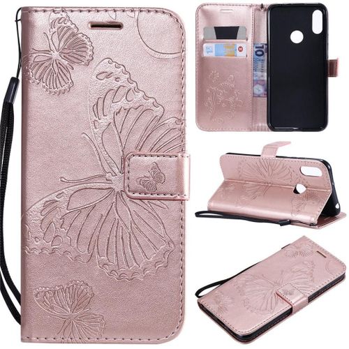 Huawei Y6 2019 Coque, Saturcase Papillon Gaufrage Pu Cuir Magnétique Flip Portefeuille Support Porte-Carte Protecteur Coque Housse Étui Avec Dragonne Pour Huawei Y6 2019 / Honor 8a (Or Rose)