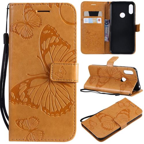 Huawei Y6 2019 Coque, Saturcase Papillon Gaufrage Pu Cuir Magnétique Flip Portefeuille Support Porte-Carte Protecteur Coque Housse Étui Avec Dragonne Pour Huawei Y6 2019 / Honor 8a (Jaune)