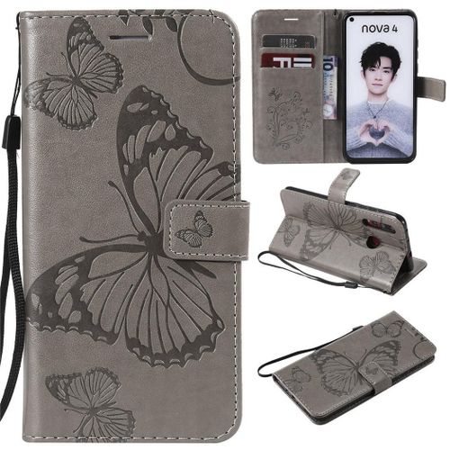 Huawei Nova 4 Coque, Saturcase Papillon Gaufrage Pu Cuir Magnétique Flip Portefeuille Support Porte-Carte Protecteur Coque Housse Étui Avec Dragonne Pour Huawei Nova 4 (Gris)