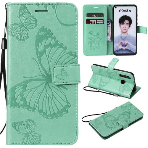 Huawei Nova 4 Coque, Saturcase Papillon Gaufrage Pu Cuir Magnétique Flip Portefeuille Support Porte-Carte Protecteur Coque Housse Étui Avec Dragonne Pour Huawei Nova 4 (Vert)