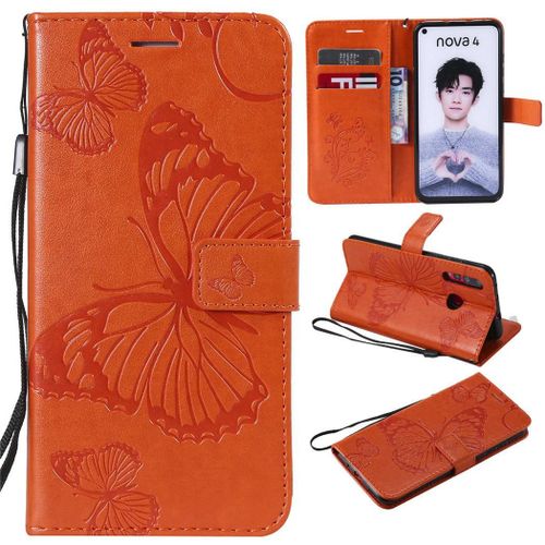 Huawei Nova 4 Coque, Saturcase Papillon Gaufrage Pu Cuir Magnétique Flip Portefeuille Support Porte-Carte Protecteur Coque Housse Étui Avec Dragonne Pour Huawei Nova 4 (Orange)