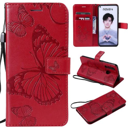 Huawei Nova 4 Coque, Saturcase Papillon Gaufrage Pu Cuir Magnétique Flip Portefeuille Support Porte-Carte Protecteur Coque Housse Étui Avec Dragonne Pour Huawei Nova 4 (Rouge)