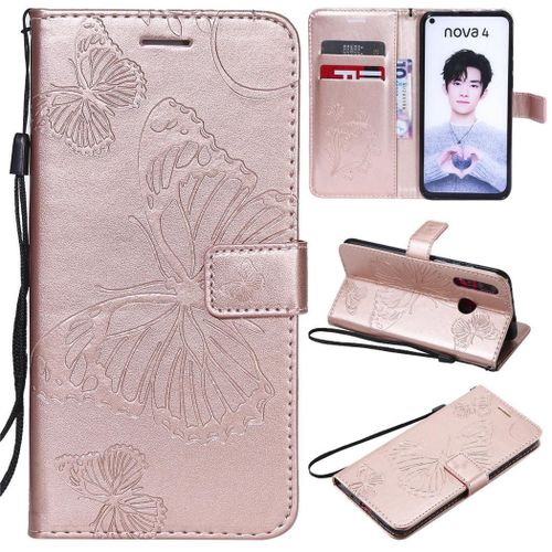 Huawei Nova 4 Coque, Saturcase Papillon Gaufrage Pu Cuir Magnétique Flip Portefeuille Support Porte-Carte Protecteur Coque Housse Étui Avec Dragonne Pour Huawei Nova 4 (Or Rose)