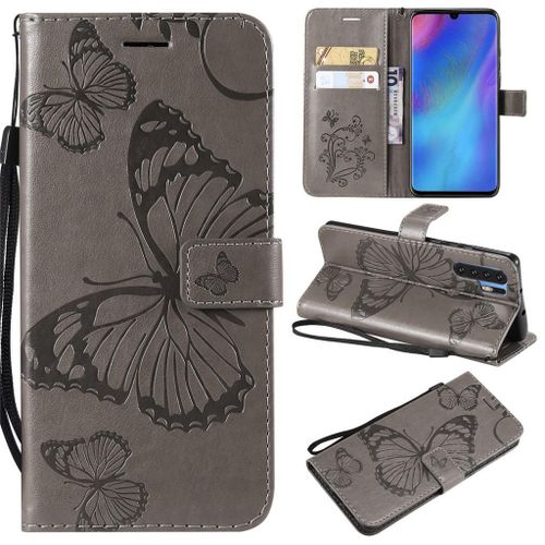 Saturcase Coque Pour Huawei P30 Pro, Papillon Gaufrage Pu Cuir Magnétique Flip Portefeuille Support Porte-Carte Protecteur Coque Housse Étui Avec Dragonne Pour Huawei P30 Pro (Gris)