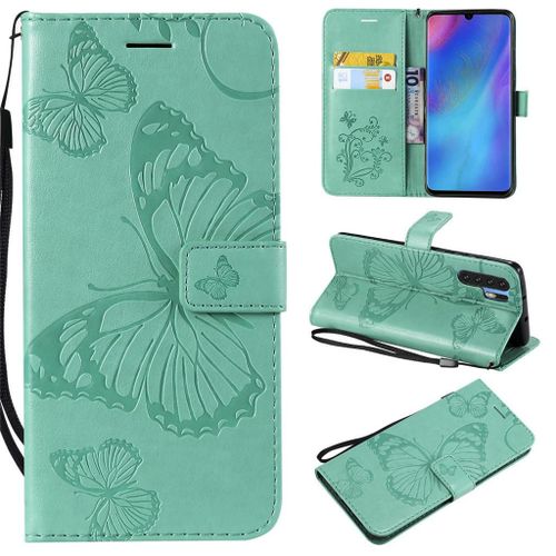 Saturcase Coque Pour Huawei P30 Pro, Papillon Gaufrage Pu Cuir Magnétique Flip Portefeuille Support Porte-Carte Protecteur Coque Housse Étui Avec Dragonne Pour Huawei P30 Pro (Vert)