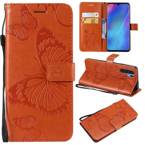 Saturcase Coque Pour Huawei P30 Pro, Papillon Gaufrage Pu Cuir Magnétique Flip Portefeuille Support Porte-Carte Protecteur Coque Housse Étui Avec Dragonne Pour Huawei P30 Pro (Orange)