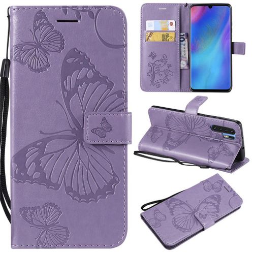 Saturcase Coque Pour Huawei P30 Pro, Papillon Gaufrage Pu Cuir Magnétique Flip Portefeuille Support Porte-Carte Protecteur Coque Housse Étui Avec Dragonne Pour Huawei P30 Pro (Violet)