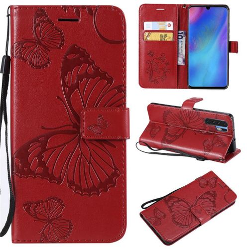 Saturcase Coque Pour Huawei P30 Pro, Papillon Gaufrage Pu Cuir Magnétique Flip Portefeuille Support Porte-Carte Protecteur Coque Housse Étui Avec Dragonne Pour Huawei P30 Pro (Rouge)