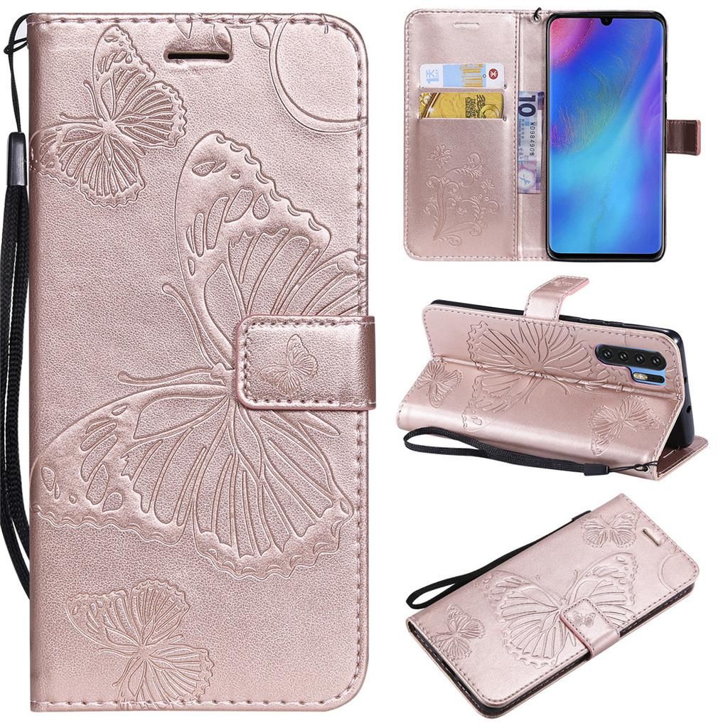 Saturcase Coque Pour Huawei P30 Pro, Papillon Gaufrage Pu Cuir Magnétique Flip Portefeuille Support Porte-Carte Protecteur Coque Housse Étui Avec Dragonne Pour Huawei P30 Pro (Or Rose)