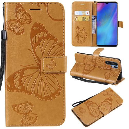 Saturcase Coque Pour Huawei P30 Pro, Papillon Gaufrage Pu Cuir Magnétique Flip Portefeuille Support Porte-Carte Protecteur Coque Housse Étui Avec Dragonne Pour Huawei P30 Pro (Jaune)